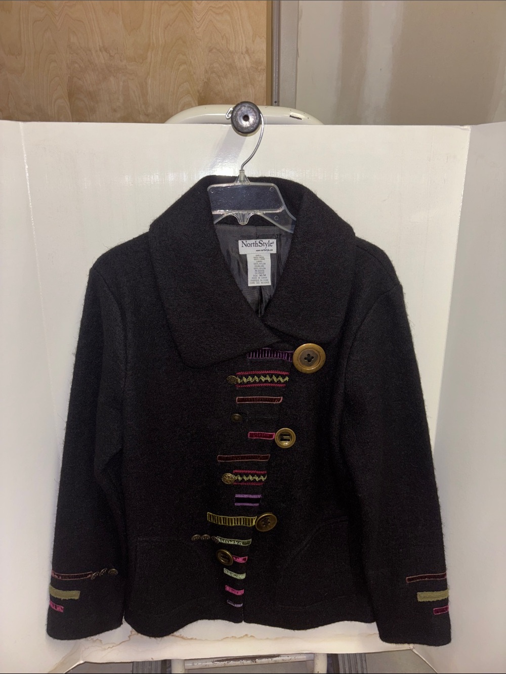 NorthStyle Black Pea Coat with Colorful Embroidered Accents